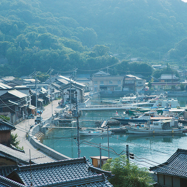 じろうや・井本 二郎さんが復興を目指す故郷、岡山県笠岡諸島の真鍋島。漁船が並ぶ静かな港と山に囲まれた漁村の風景