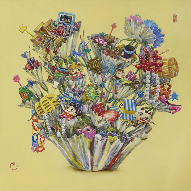 甲斐 千香子<br>
「ユタカメグリソウ」<br>
60.6×60.6cm<br>
制作年：2023年<br>
キャンバス、アクリル、岩絵具<br>
※額装はありません。