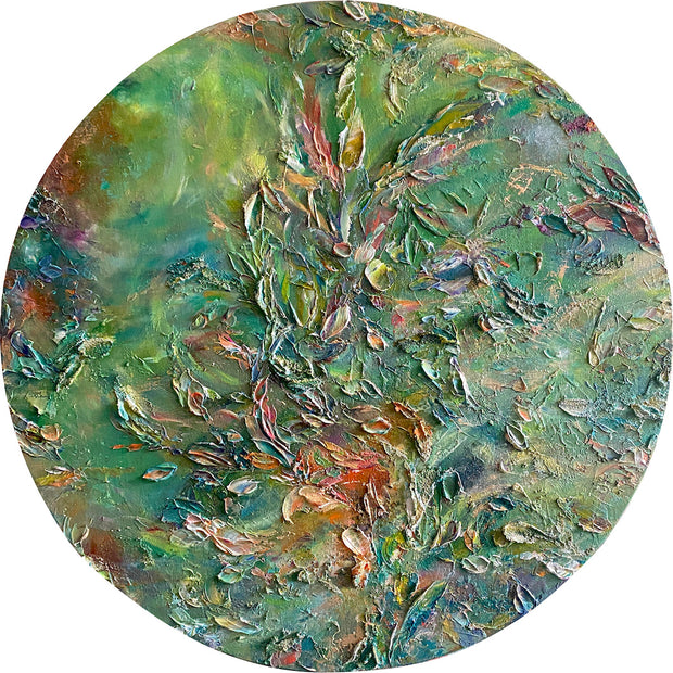 「万緑」<br>
直径700×奥行24mm<br>
制作年：2024年<br>
Acrylic color, mixed media on canvas<br>
※額装はありません。