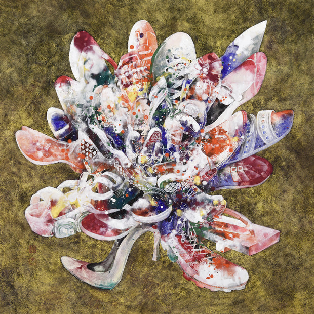 「百花連歩図」<br>
100×100cm<br>
制作年：2023年<br>
キャンバス、アクリル、岩絵具<br>
※額装はありません。