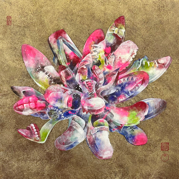 「百花連歩図　紅」<br>
53×53cm<br>
制作年：2023年<br>
キャンバス、アクリル、岩絵具<br>
※額装はありません。