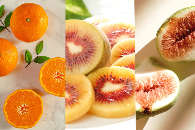 【旬果物よりどりセット】　内容<br>旬の果物（みかん、レインボーキウイ、白いちじく）<br>紅ほっぺいちご、アップルマンゴー、ベーシックヨーグルト