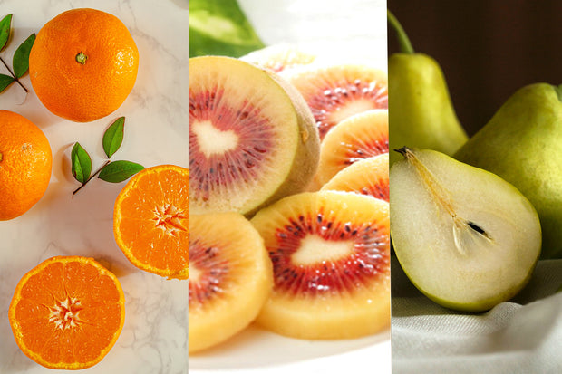 【旬果物よりどりセット】　内容<br>旬の果物（みかん、レインボーキウイ、洋梨）<br>紅ほっぺいちご、アップルマンゴー、ベーシックヨーグルト