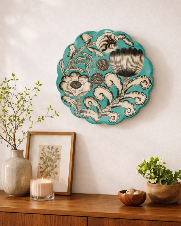 野田 夏実 大皿（Mint green） 空間に華を添える、草花が躍るアート